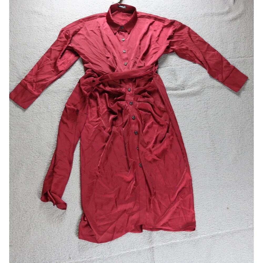 New BTFBM Dress Womens XL Red Satin Runched Shirt Dress Tie